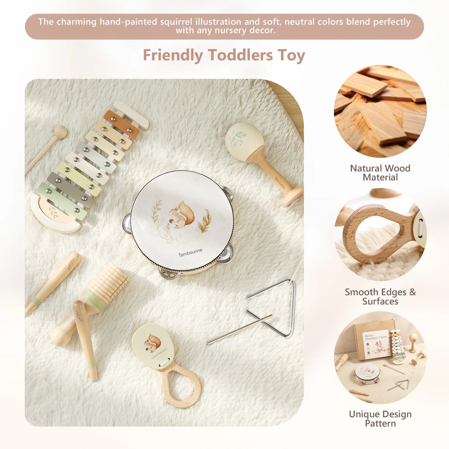 Montessori Musical Instruments for Children Wooden Baby Toys Child Musical Instrument Toddler Toys Squirrel Instrument Sets Gift