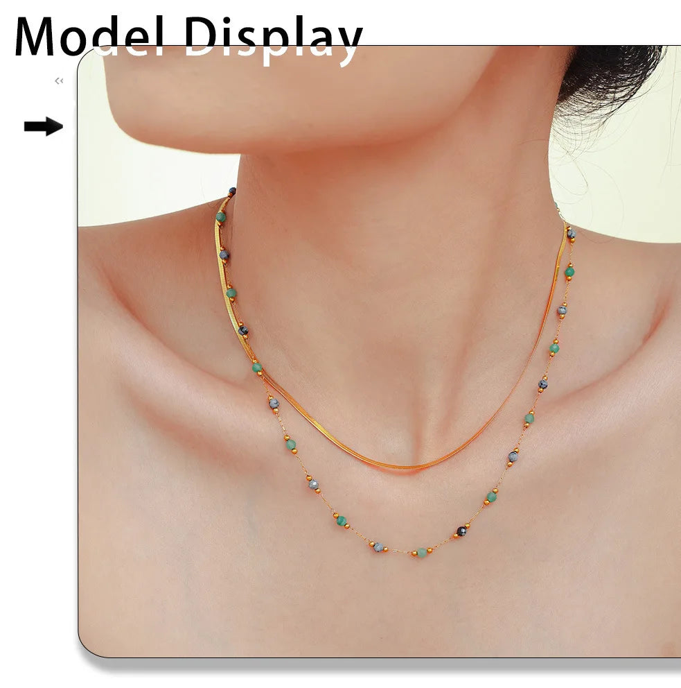 Women's Necklace Natural Stone Handmade Bead Double-layer Layered Collarbone Chain Stainless Steel Jewelry