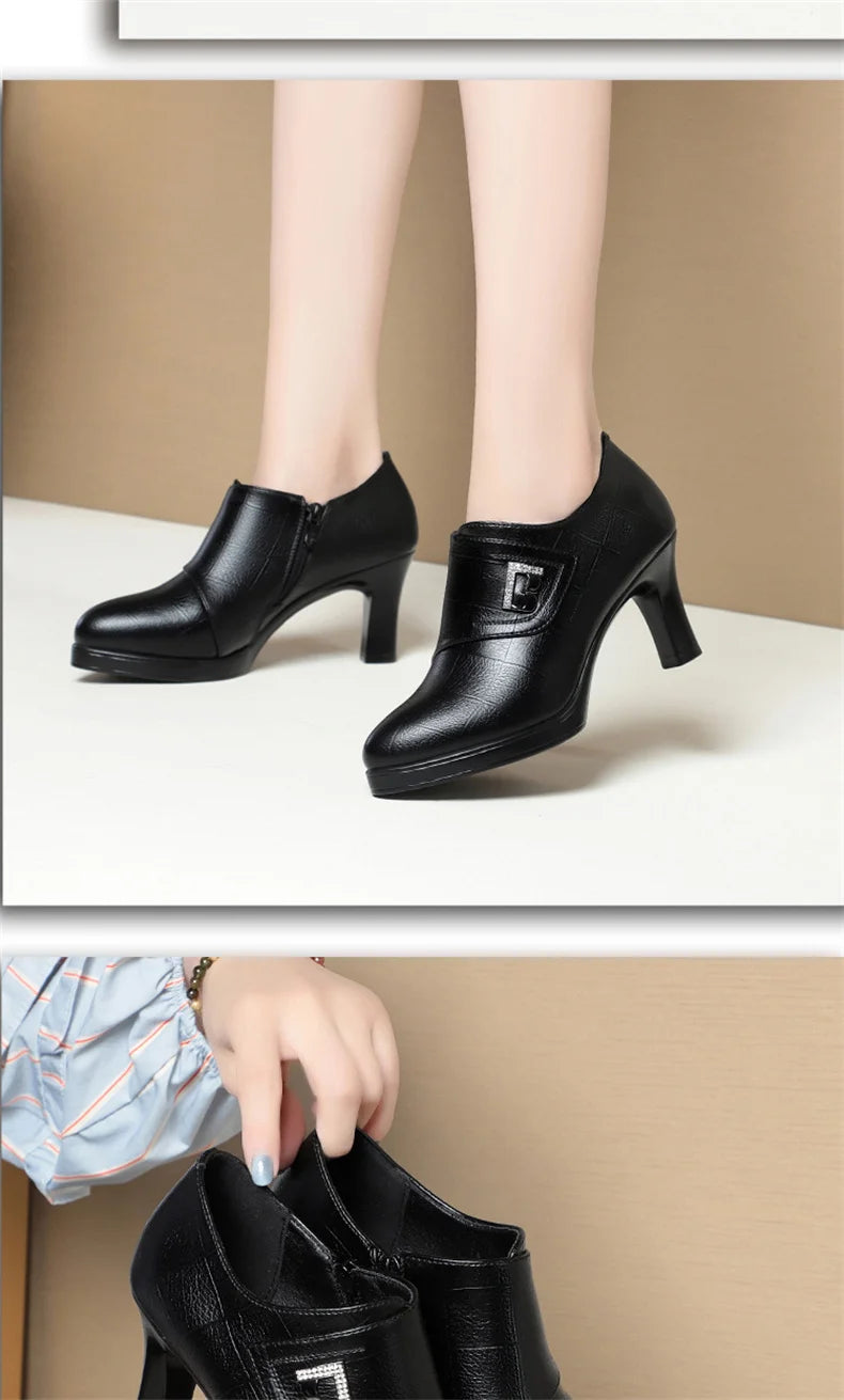 High Heels for Women 2024 Spring New Deep Mouth Soft Bottom Waterproof Business Formal Wear Office High Heel Leather Shoes