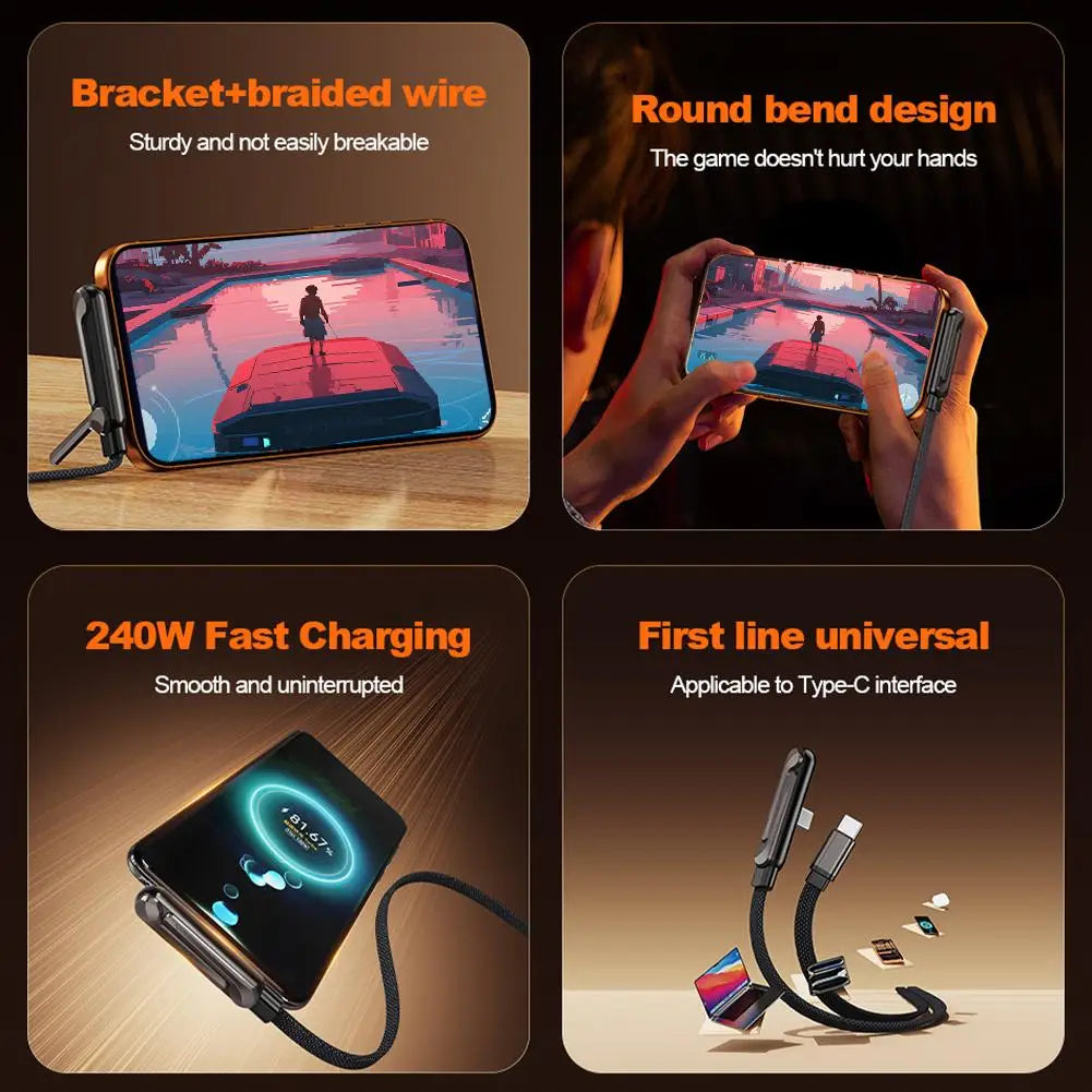 240W Stand Charging Cable, 2-in-1 with Phone Holder for Gaming/Videos, Compatible with iPhone 15-17 & Huawei