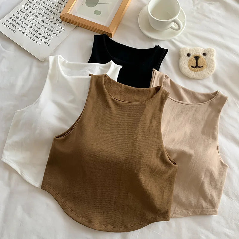 Summer Women Tank Tops Solid Color Camisole with padded Bra sexy Off Shoulder O Neck Elastic Tank Top Casual Sport Vest