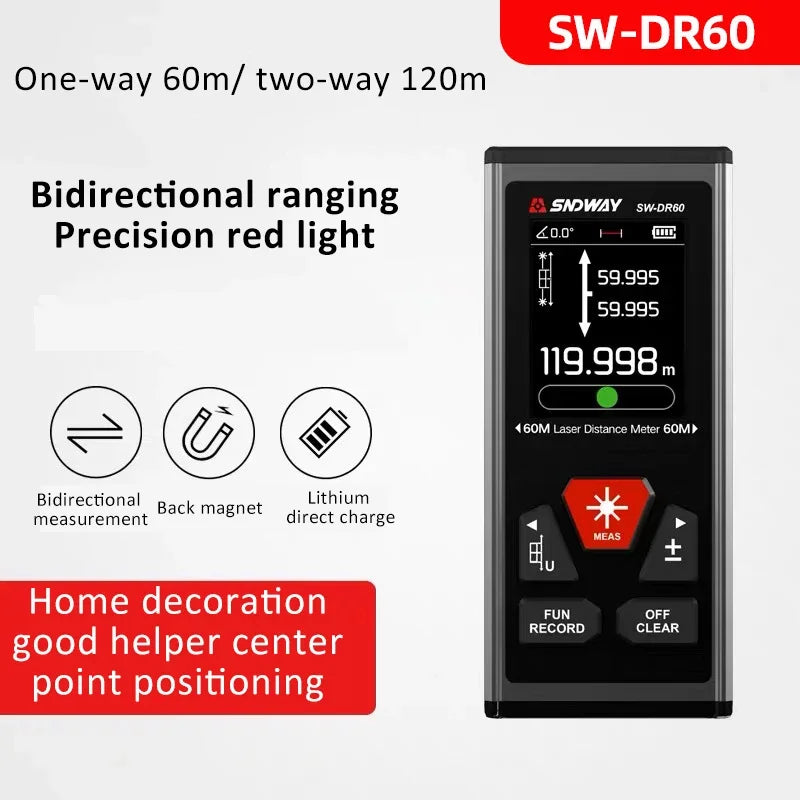 SW-DR/DG Series 2 Way Laser Measure Meter Rangefinder Red/Green Laser Distance Meter 60M/100M Digital Rechargeable Range Finder