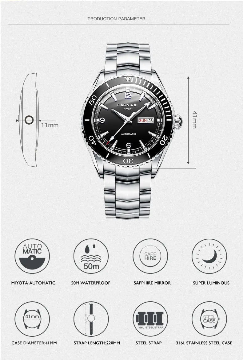 I&W Men Automatic Watch 41mm Mechanical Wristwatch 50M Waterproof Luminous Sapphire Mirror Dual Calendar Week Date