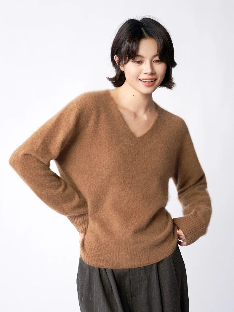 SuyaDream, Women Fleece Pullovers, V Neck, 3.8%Cashmere 96.2%Wool, Chic Warm Sweaters, 2025 Fall Winter Solid Top, Camel, Olive