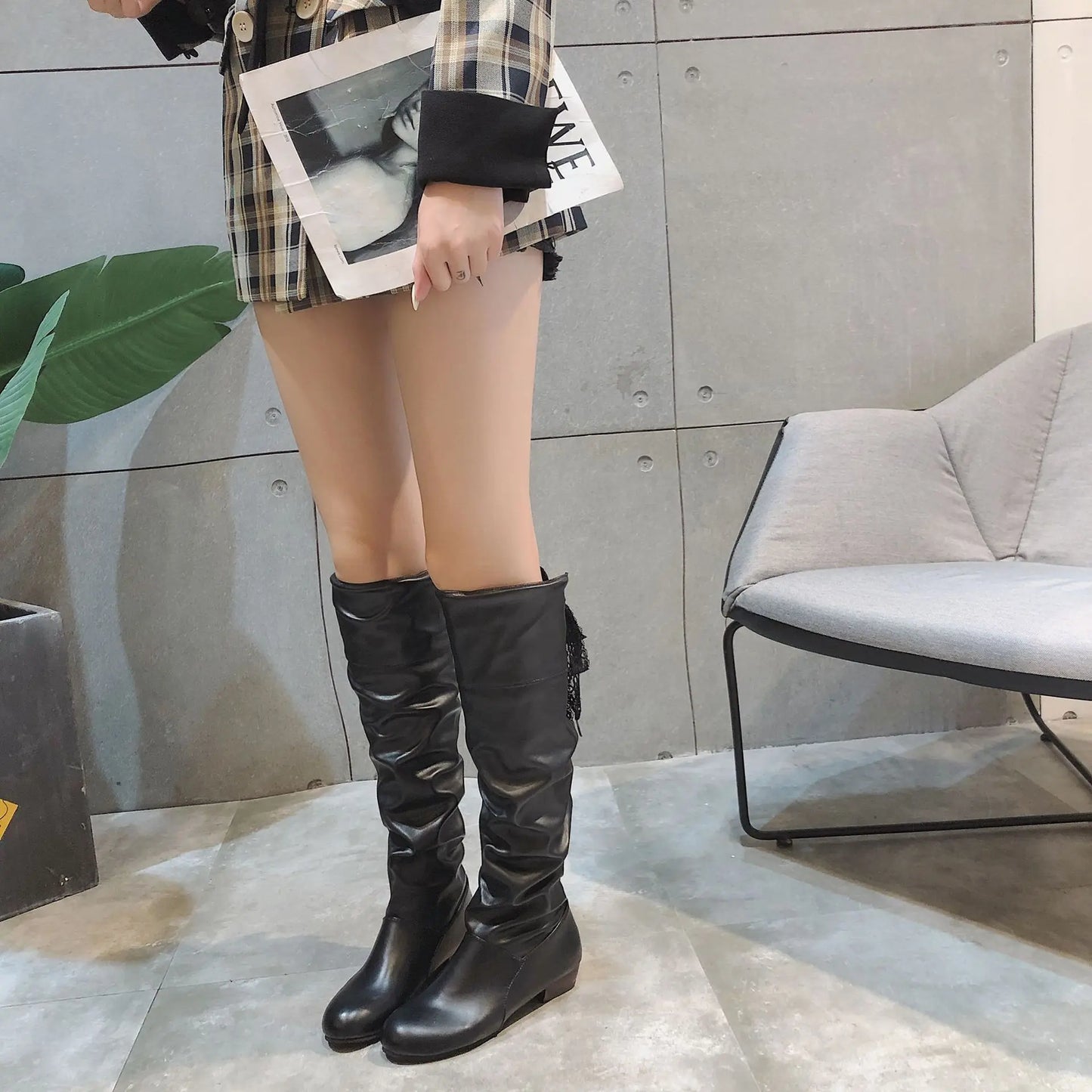 Shoes for Women 2023 Spring Knee High Boots Red Black White Tall Boots Woman Pleated Low Heel Casual Leather Female Long Shoes