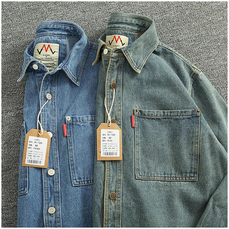 Spring Autumn New American Retro Long-Sleeve Lapel Solid Color Denim Shirt Men's Fashion 100% Cotton Washed Old Casual Blouses
