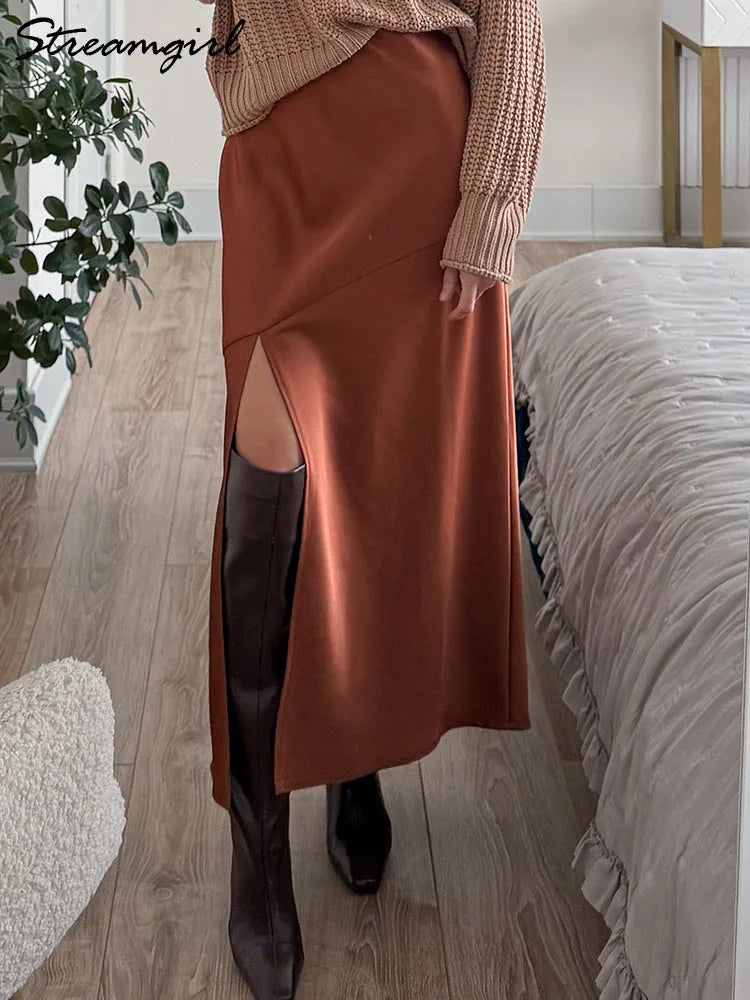 Summer Satin Skirts For Woman Office Maxi A Line Black Silk Skirts With Slit Lady High Waist Women Patchwork Skirt Long Elegant