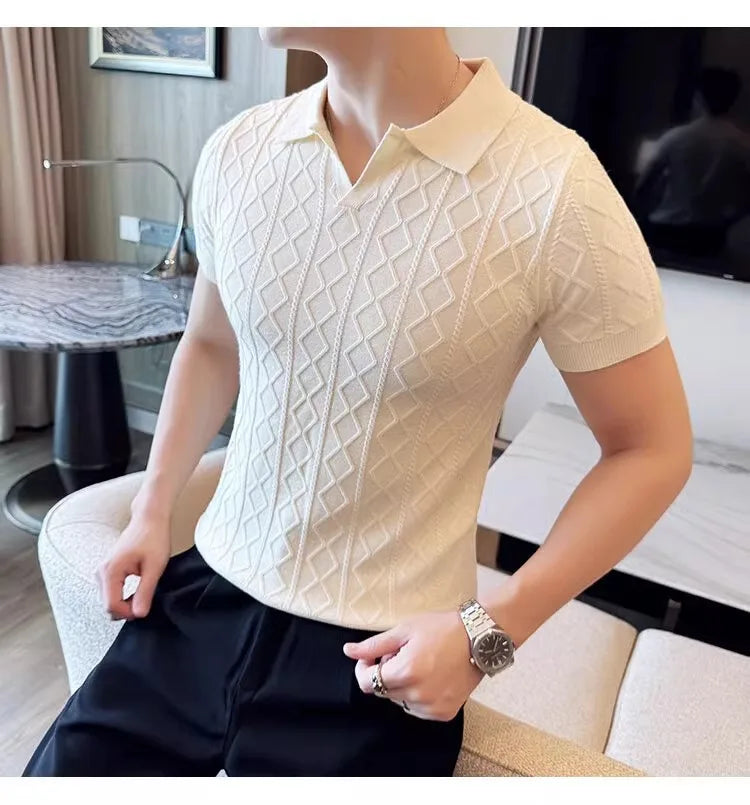Polo Style Sweaters for Men Summer New Slim Fit Short Sleeve Business Casual T-shirts Male Solid Turn Down Collar Knitwear Tops