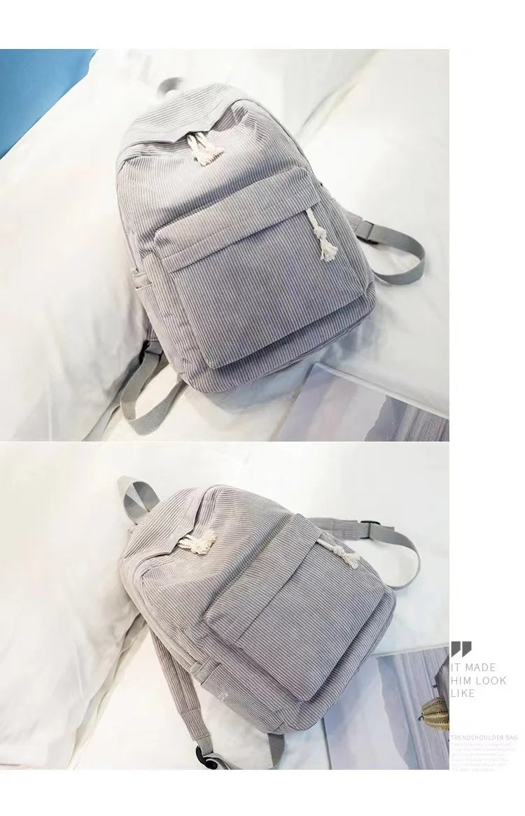 Corduroy Backpack, Academy Fashion School Bags for Middle/High School & College, Cute Tassel Detail, Versatile Casual Daily Bag