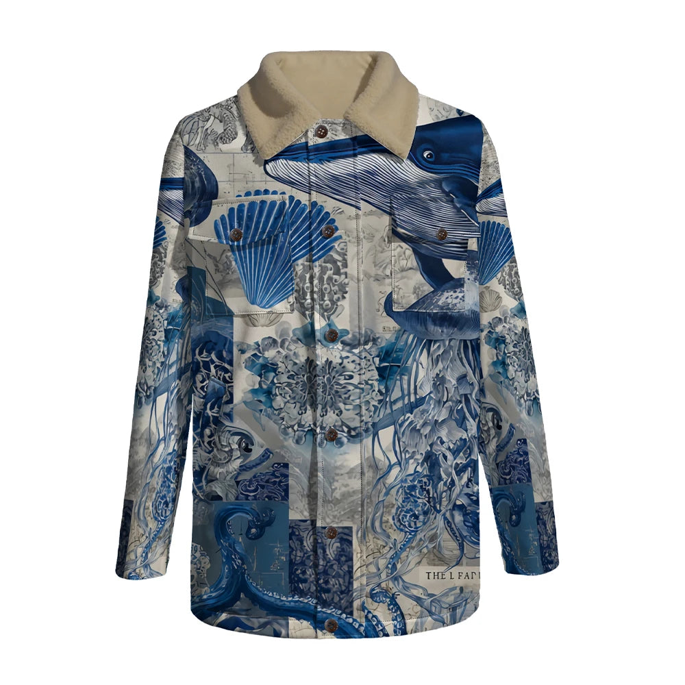Winter Aesthetic Jacket Marine Life Print Long Coats Whale Turtle Jellyfish Pattern Faux Fur Collar Unisex Coastal Style