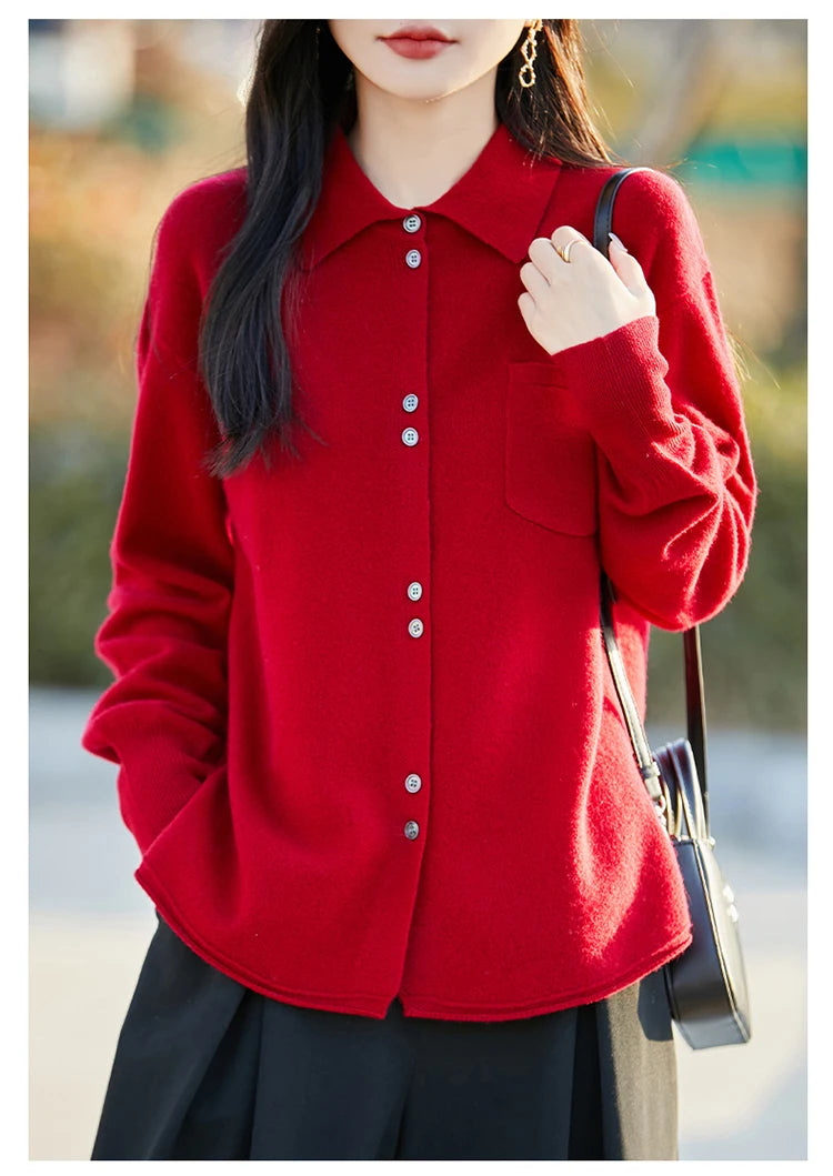 POLO Collar Wool Sweater 100 Pure Wool Spring And Autumn New Knitted Women Loose And Slimming Cardigan ZA682