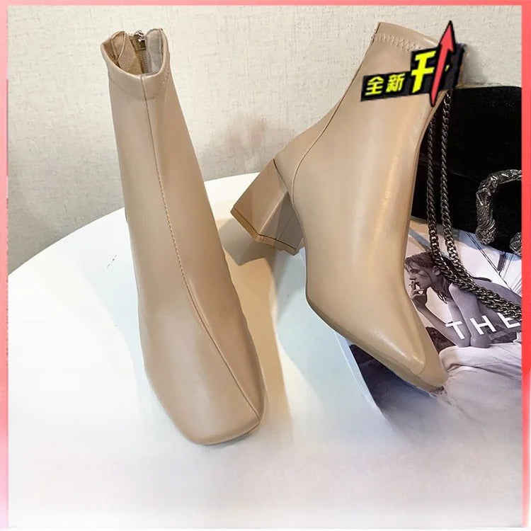 Ladies Bla High Heel ort Boots Spring Autumn Briti Sle Square Head  Boots Faionable Waterproof PU Leather