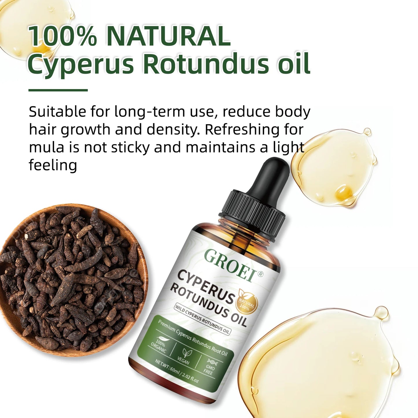 60ml Natural Organic Cyperus Rotundus Oil for Hair Growth Reduction, Post-Shave Care, Vegan & Non-Irritating Skin Moisturizer