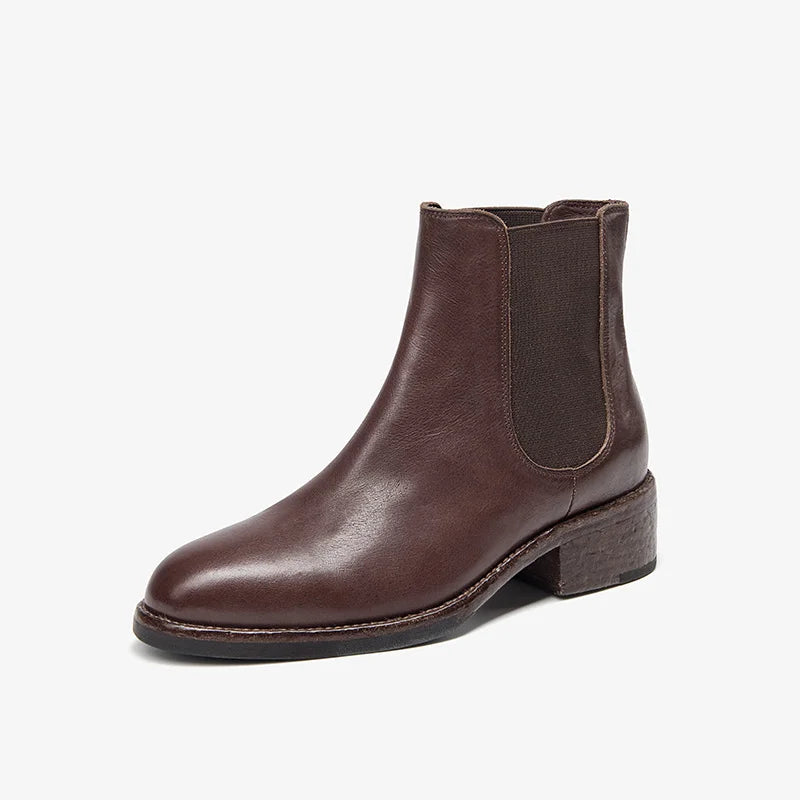 BEAUTODAY Ankle Boots Women Genuine Horse Leather Chelsea Booties Round Toe Elastic Band Vintage Ladies Shoes Handmade 03D64
