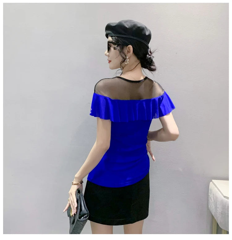 Real Photos Summer Tops Girl Patched Ruffles Mesh V Neck Short Sleeve T Shirt Women Fashion Tees Tshirts Beach Clothing