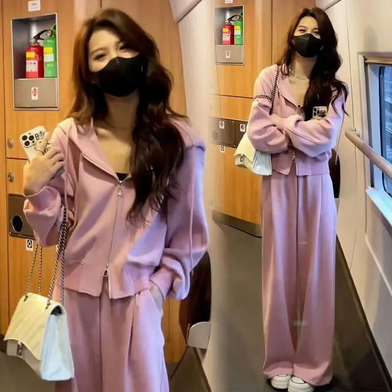 Pant Sets Two Pieces Hooded Hoodies Matching Sets Zipper Sweatshirts Long Sleeve Loose Drawstring Straight Pants Casual