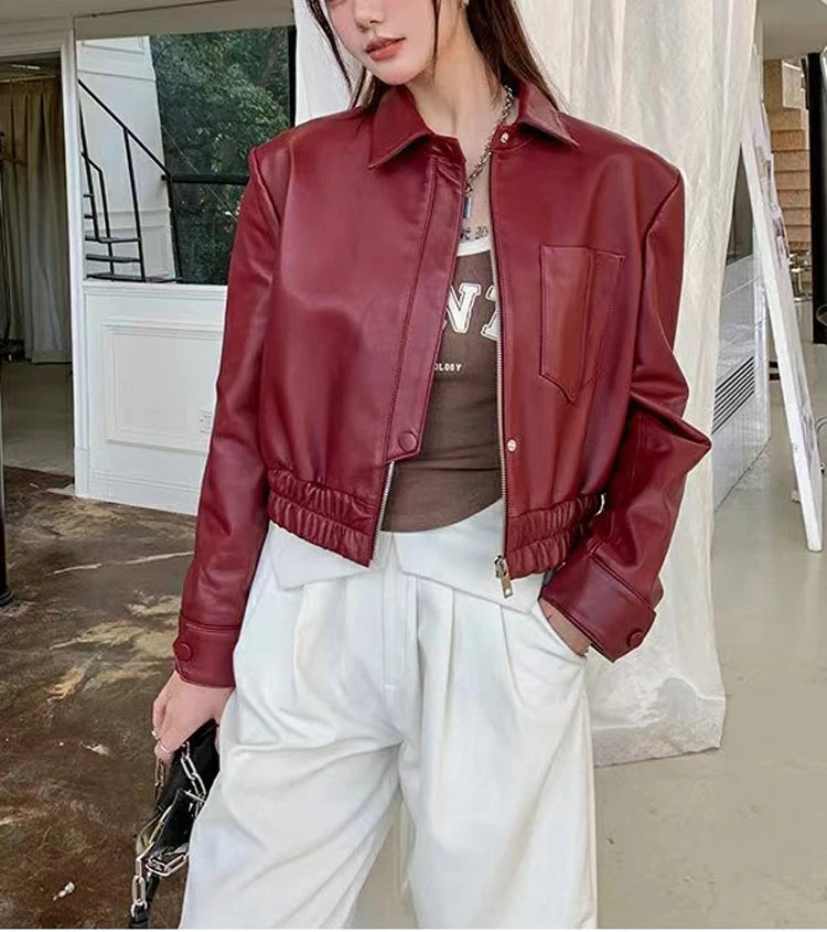 European 2025 New Fashion Short Leather Jacket For Women Casual Elastic Band Waist Top Clothing Mujer Varsity Claret Veste