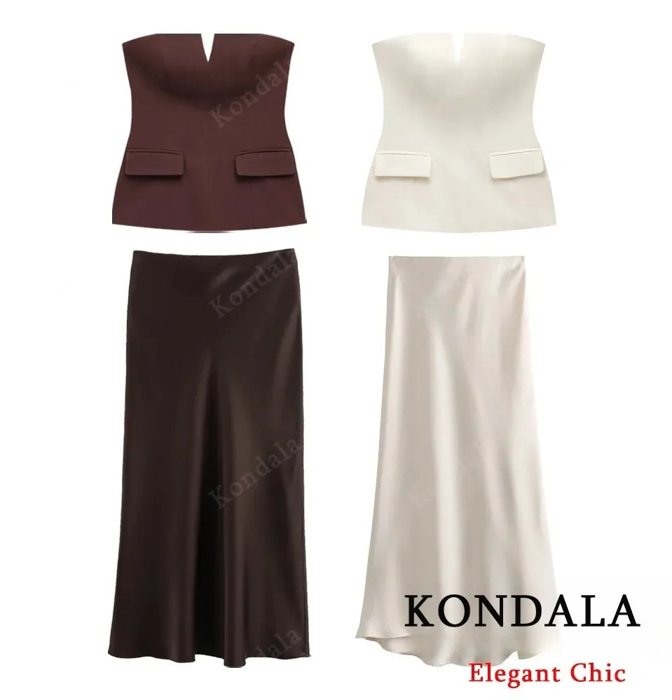 KONDALA-Women Elegant Chocolate Skirt Set Tube Top + Elastic Waist Satin Hip Skirt New 2025 Spring Summer Slim Mocha Mousse Set
