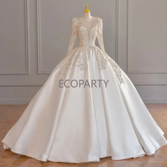 Wedding Dress Long Sleeve Heavy Industry 2023 New Bride V-Neck Satin High Quality Palace Main Wedding Dress French Wedding Dress