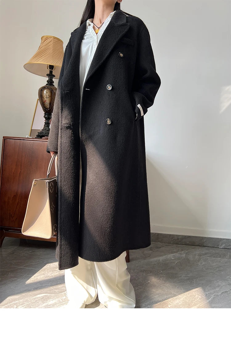 Office Lady Woolen Jackets 2024 Autumn And Winter Suit Collar Double Breasted Warmer Yak Hair Loose Long Women's Wool Coats