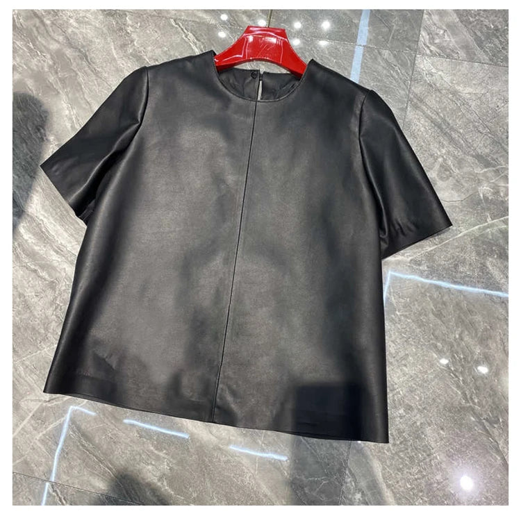 Genuine Leather Tops for Women 2025 Spring/Summer Short Straight Sleeve Round Neck Pullover Shirts & Blouses Thin Suede Blusas
