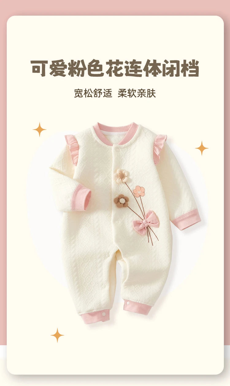 Baby Clothes for Autumn, Class A, Baby Girl Full-Month Outfit, One-Piece Suit, Baby Silk-Lined Warm Newborn Romper