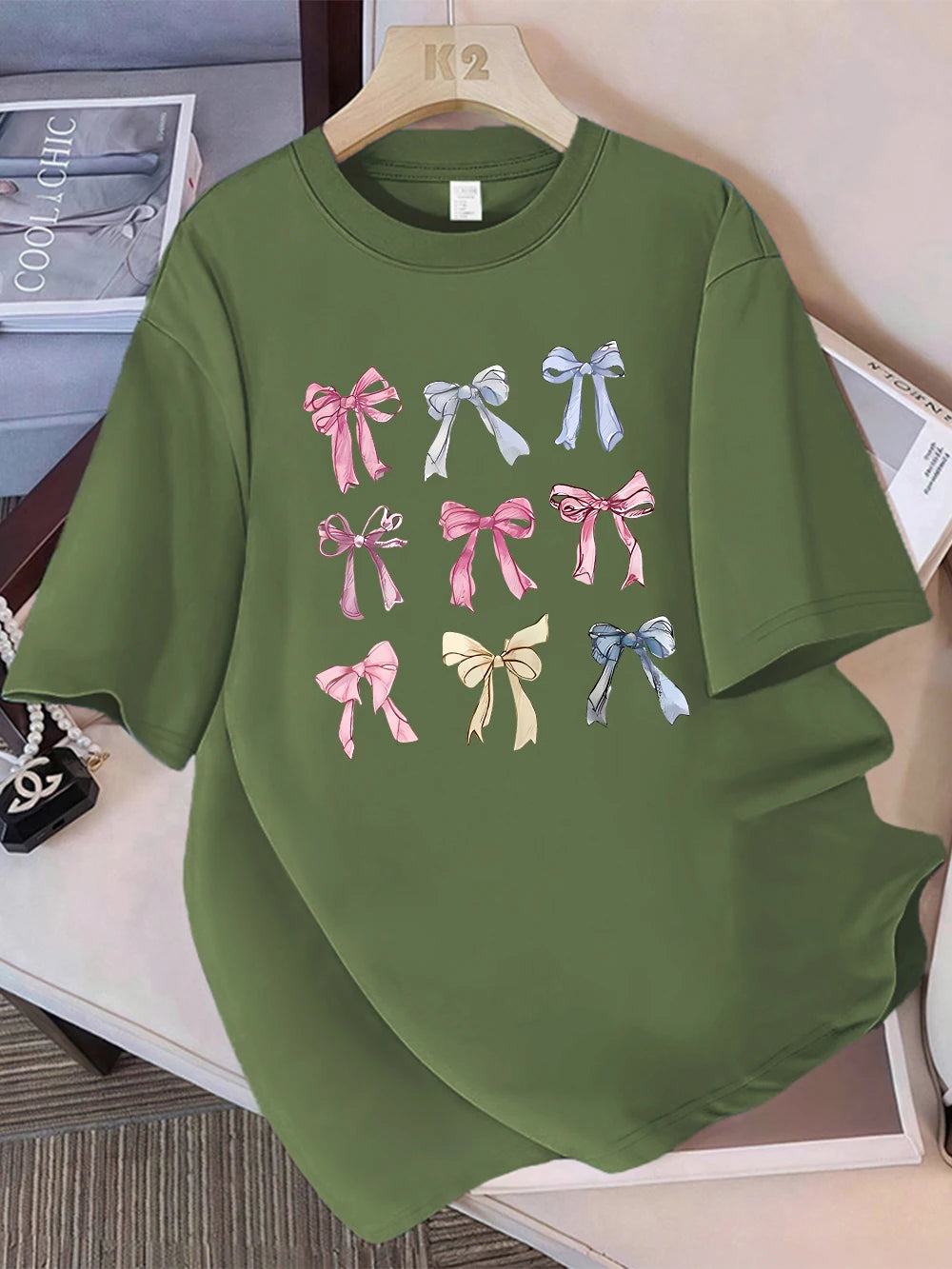 Summer T-Shirts Cotton Womens Colorful Bow Tie Printing Short Sleeve Comfortable Soft O-Neck Tops Holiday Casual Womans Clothes
