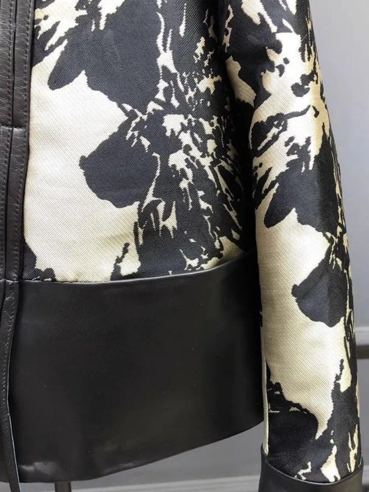 New Chinese Style Printed Patchwork Elegant Women Sheepskin Genuine Leather Jacket V-Neck Spring Autumn Office Ladies Short Coat