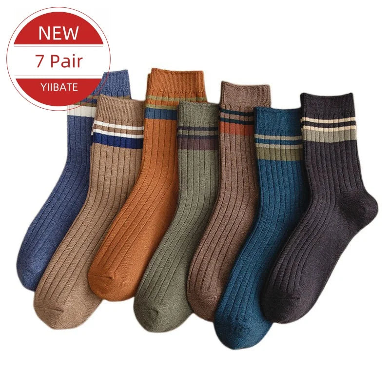 7 Pairs of Men's Striped Socks Fashionable Casual Socks High Quality Harajuku Retro Socks for Men Large Size Long Socks