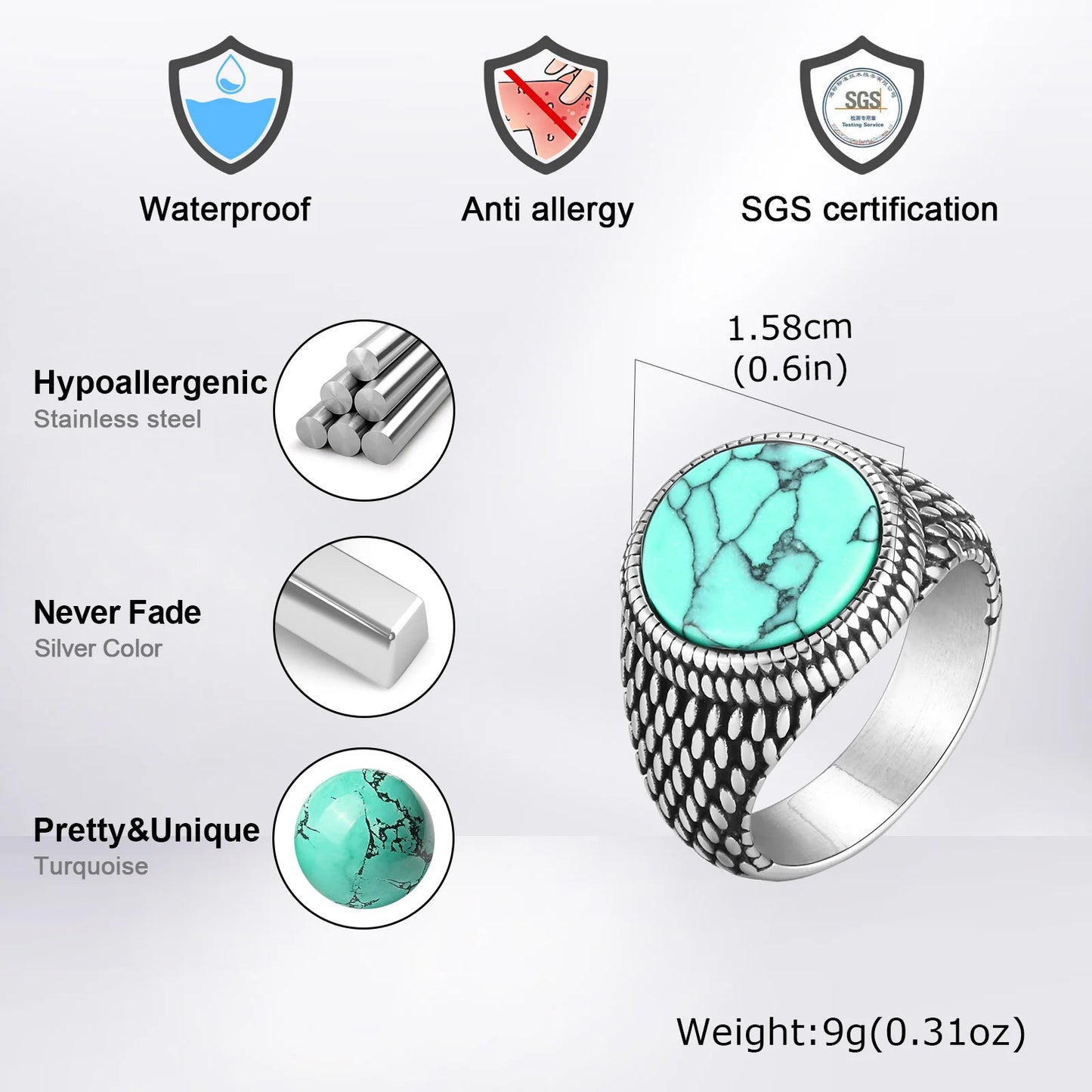 Geometric Turquoise Tiger Eyes Natural Stone Ring for Men, Chunky Stainless Steel Signet Rings, Fashion Punk Finger Jewelry Gift