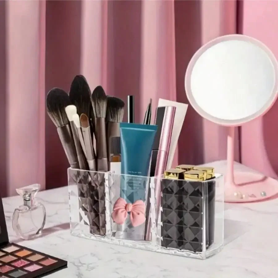 1pc Cute Makeup Brush Storage Box with Multiple Compartments and Bow Decoration