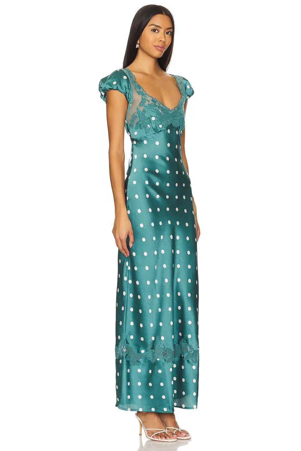 Luxurious Silk Satin Long Dress Elegant Puff Sleeve Polka Dot Floral Gown Sexy Open Back Midi Dresses for Evening Cocktail