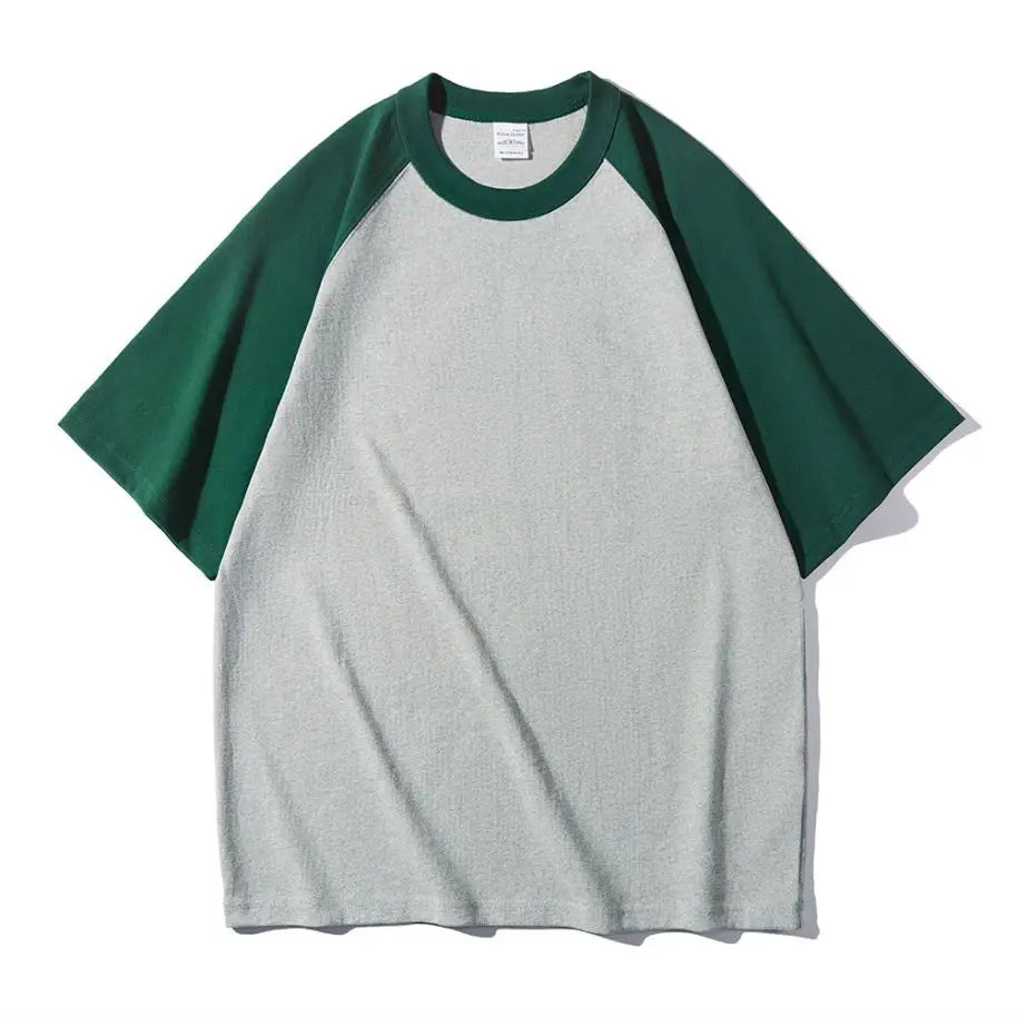Mens 100% Heavy Cotton T-Shirt 300gsm Oversized Casual Stitching Color Tee Round Neck Loose Fit Knitted Tops Fashion Streetwear