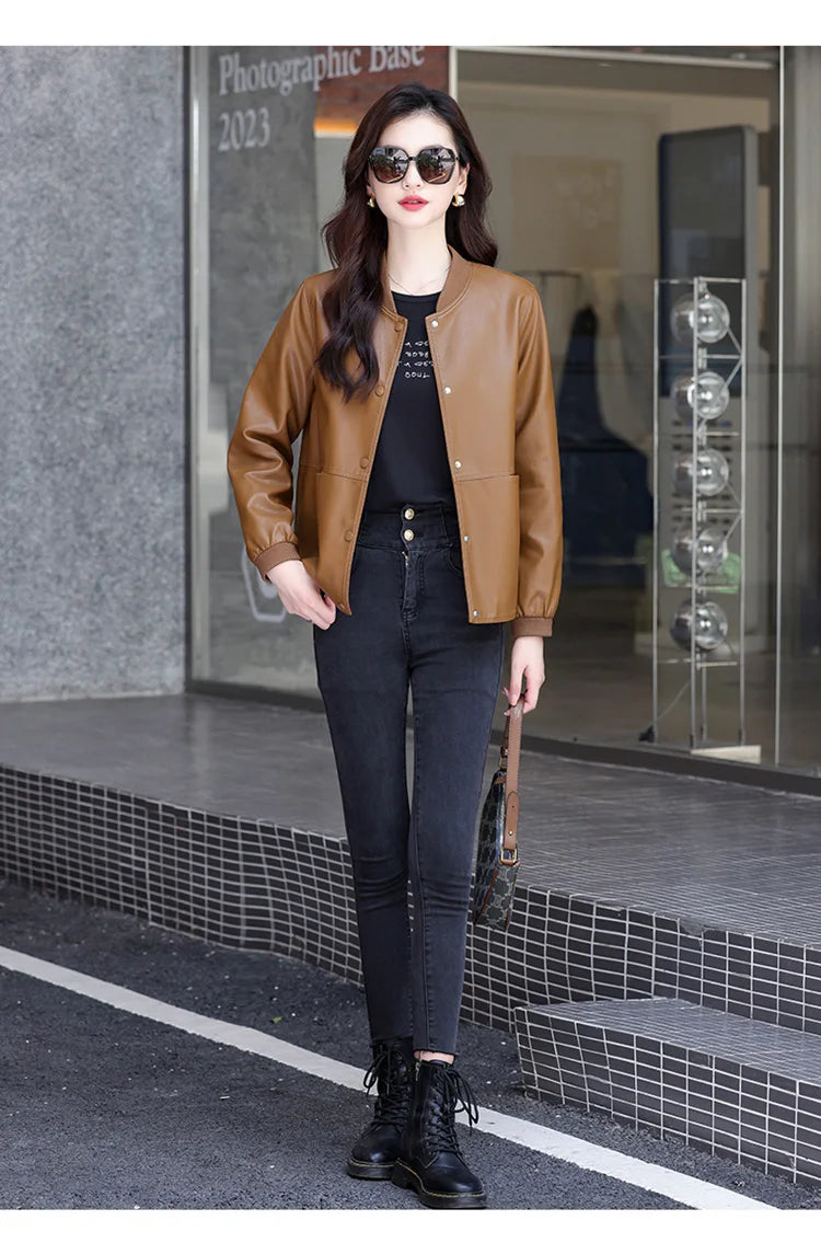 New Women Casual Leather Jacket Spring Autumn Fashion Patchwork V-Neck Single Breasted Loose Short Outerwear Split Leather