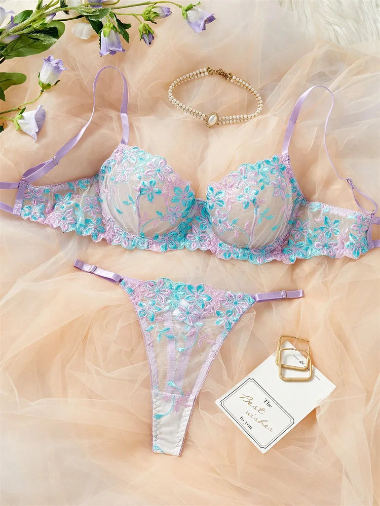 Woman Lingerie Set Floral Embroidery Erotic Underwear Translucent Beautiful Mesh Bra Kit Daring Lingerie Romantic Sexy Lingerie