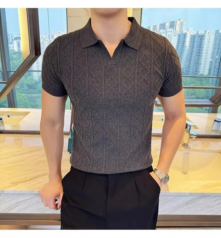 Polo Style Sweaters for Men Summer New Slim Fit Short Sleeve Business Casual T-shirts Male Solid Turn Down Collar Knitwear Tops