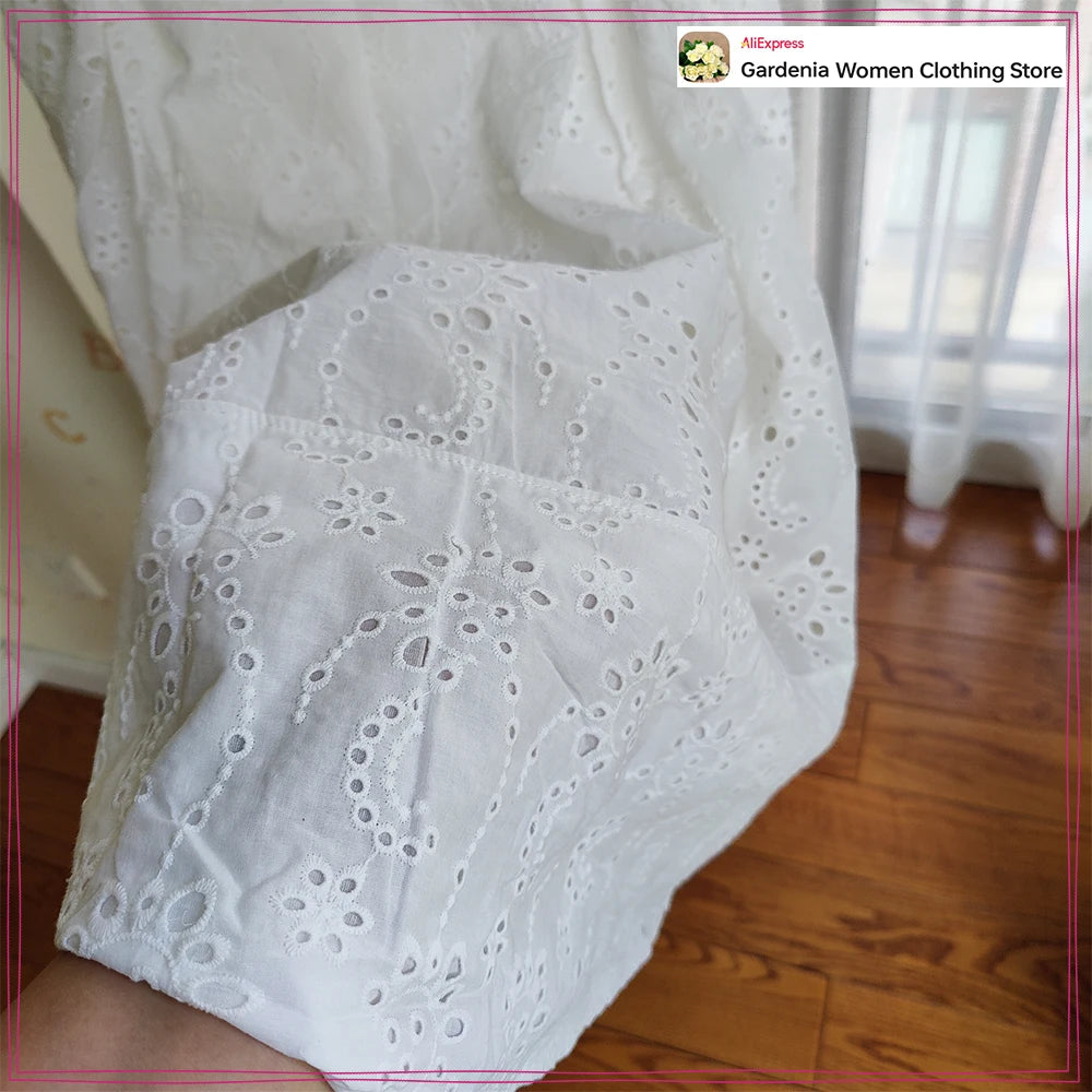 Women Summer Vacation Co Ord Outfits Elegant White Embroidered 2 Piece Set Cropped Top with Thin Straps Matching Cape Midi Skirt