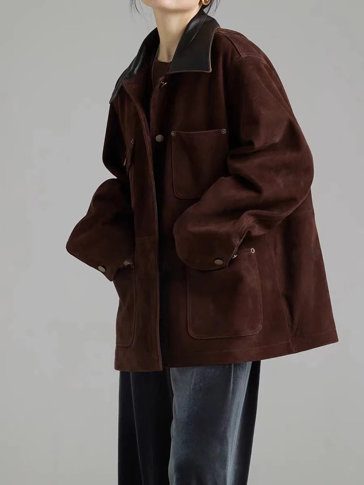 Retro Imported Mixed Sheep Suede Leather Jackets for Women 2025 Trendy Soft Kid Suede Medium Long Outwears Female Trench Coat
