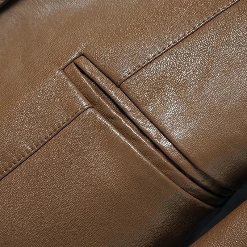 2024 New Women's Sheepskin Leather Jackets Fashion Lapel Collar Single-breasted Office Ladies Slim Casual Short Blazer Coats