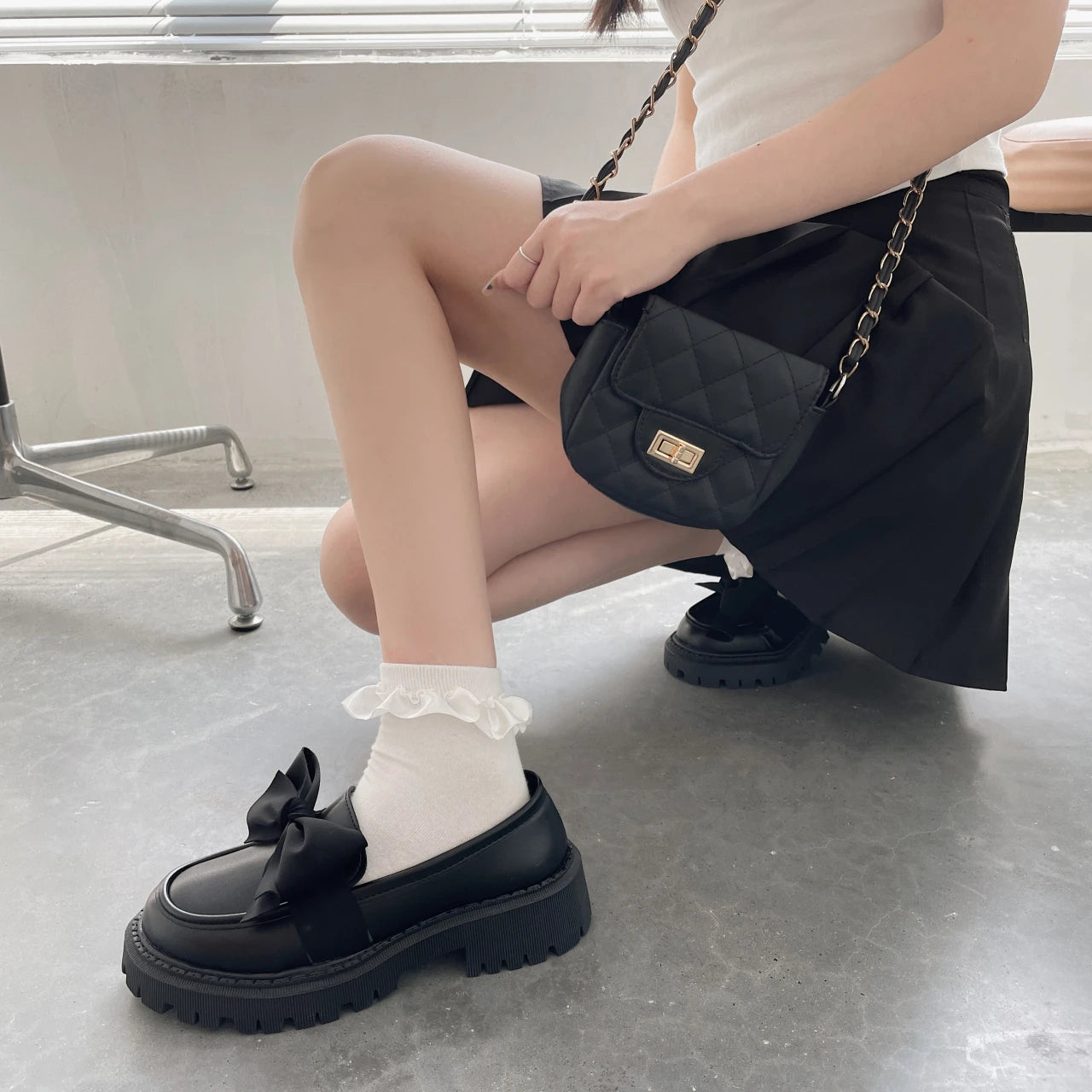 Women Flat Shoes Bow Leather Shoes Ladies 2024 New Autumn Thick Heel Loafers Woman Fashion Comfortable Work Shoes Zapatos
