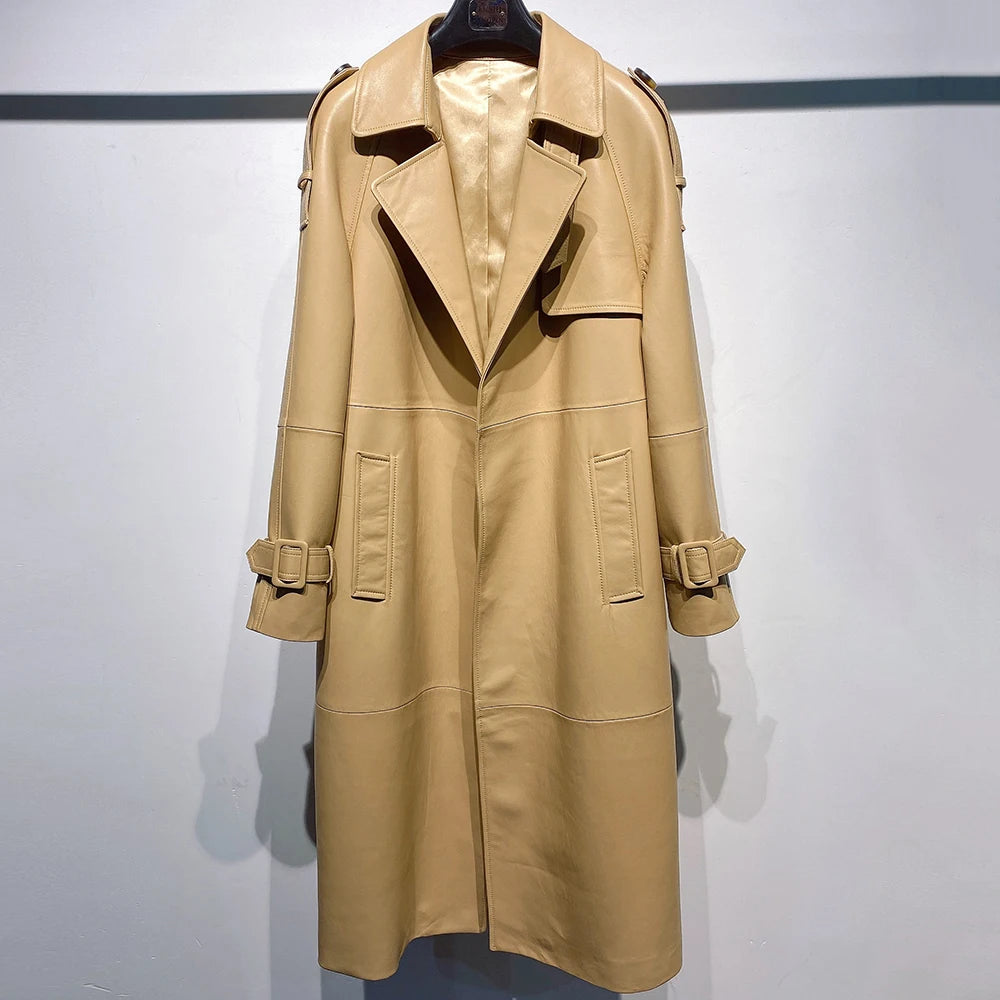 YOLOAgain High Quality Real Leather Trench Coat Women Genuine Leather Jacket Windbreak Female