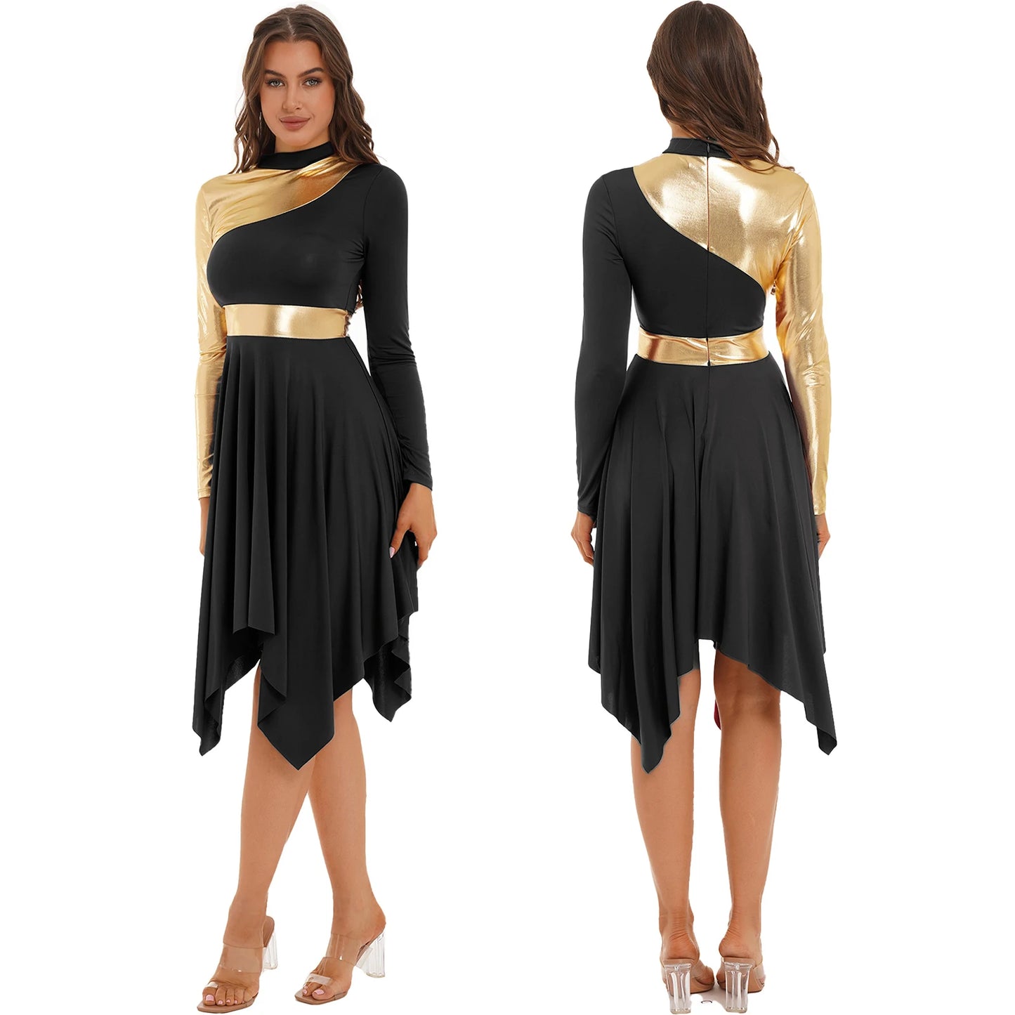Women Modern Lyrical Dance Dress Waltz Ballroom Performance Costume Church Choir Worship Gown Long Sleeve Shiny Dancewear