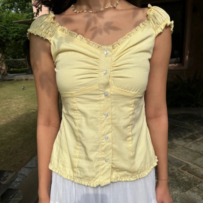 Women Summer Y2K Babydoll Crop Top Fairy Grunge Button Up Shirt Cap Sleeve Slim Fit Ruffle Hem Coquette Top