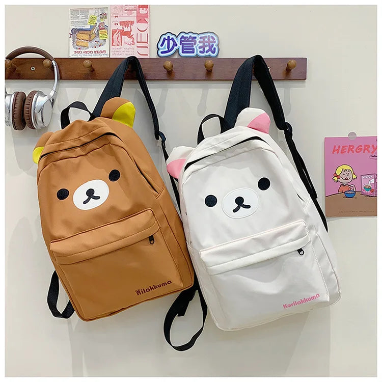 Rilakkuma Kawaii Cartoon Backpack Waterproof Nylon Large Capacity Embroidery School Bag For Young Adult Daily Travel Campus Work