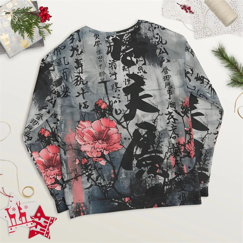Pullover Sweatshirt For Men Japanese Style Graffiti 3D Printed Long Sleeve Tops Oversized Street Hip Hop O-Neck Casual Hoodies