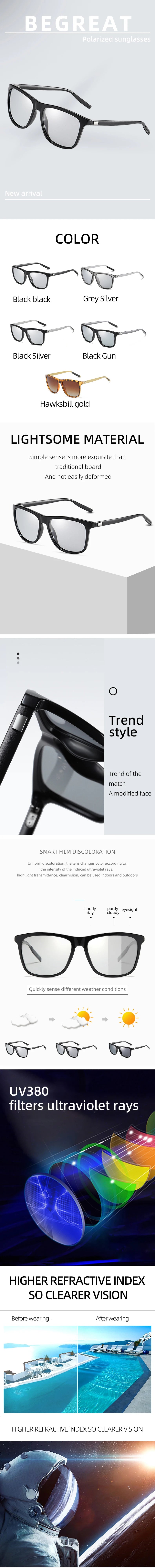 Begreat Photochromic Polarized Sunglasses Men Square Classic Men Chameleon Glasses Male Sun Glasses Driving Eyewear