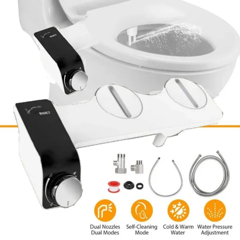 Non-Electric Bidet Hot Cold Warm Water for Toilet Seat- Self Cleaning Dual Nozzle Adjustable Pressure Water Bidet Toilet Seat