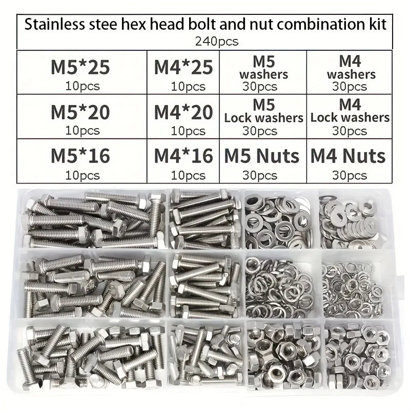 120/240/480pcs Stainless Steel Nuts and Bolts Assortment Kit, Including 6 Sizes Hex Bolts,Flat Washers, Lock Washers.