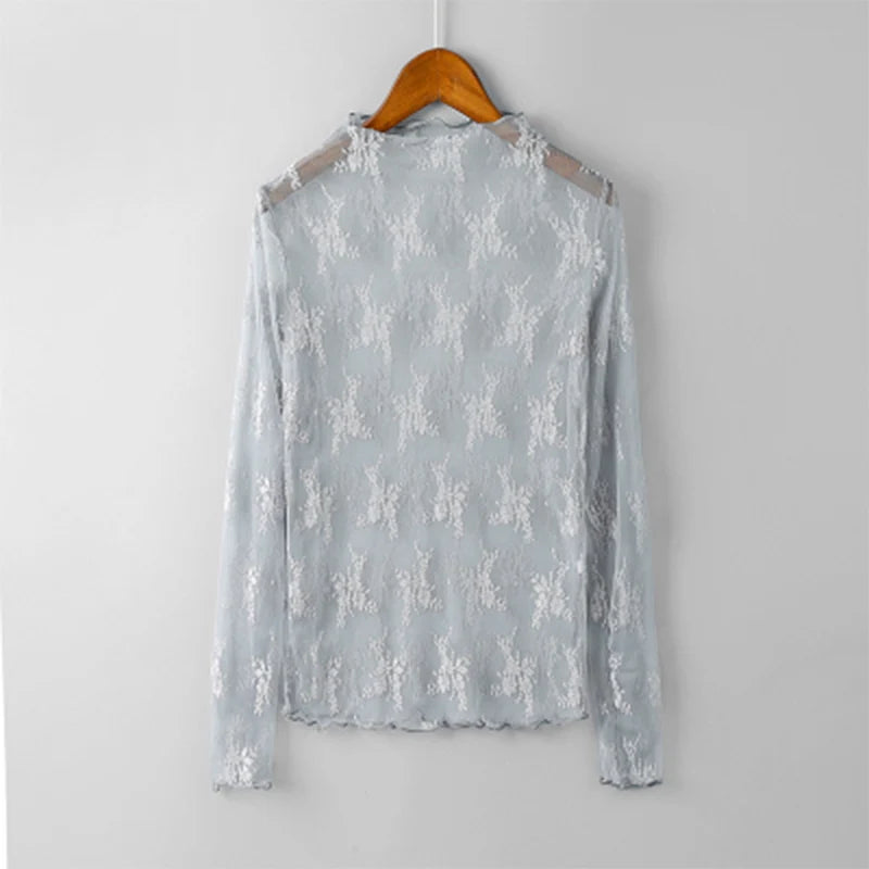 Summer Women Lace Floral Embroidery Blouses Shirt Ladies tops Sexy mesh Blouses Transparent Elegant See-through Black Shirt