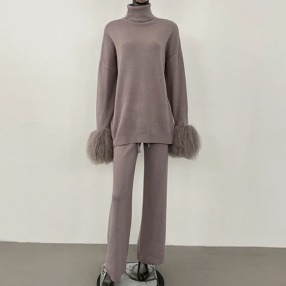 Coat Women Knitted Suit Women's Sweater Set Real Mongolian Sheep Fur Cuffs High Quality Wool & Blend Knitted Pullover and Pants